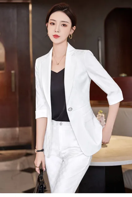 Ensemble blazer et pantalon d'été pour femme, tenue d'affaires chic et  élégante, manches mi-longues, gris et blanc, haute qualité, 2 pièces -  AliExpress