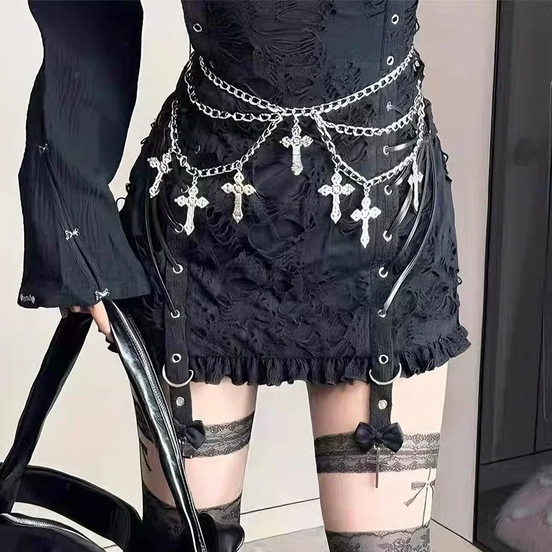 Vintage-inspirierte mehrschichtige Metall-Taillenkette mit hohlem Kreuz-Anhänger – sexy Körperaccessoire für Frauen, Halsketten für Frauen