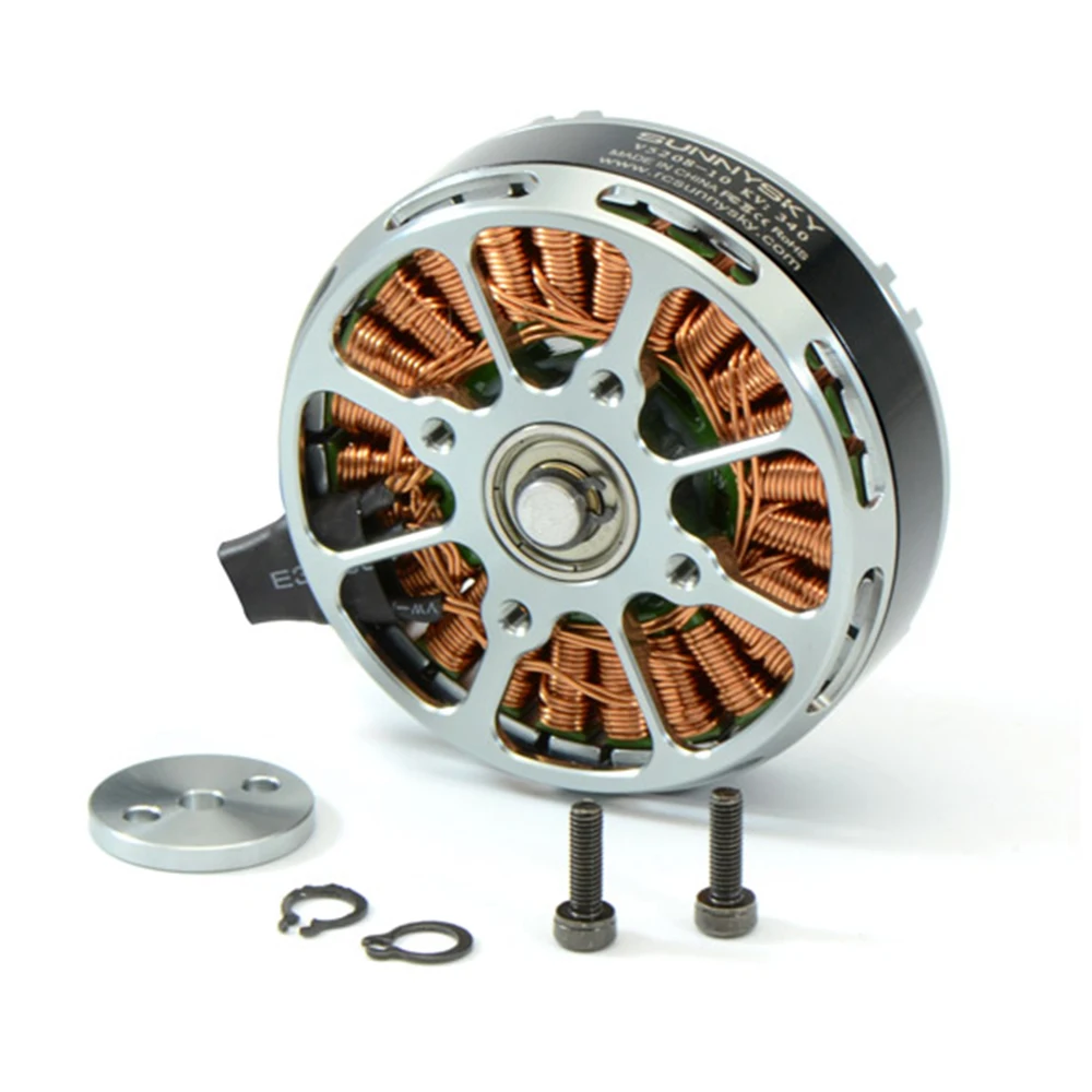 Moteur sans balais SunnySky V5208 340KV posé sur fond blanc, avec détails du rotor et de l'axe.