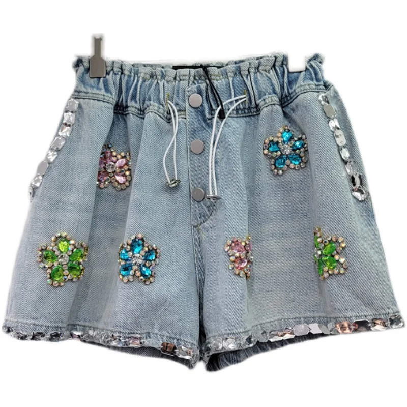 Fashion 2024 Summer New Denim Shorts Handmade Flower Rhinestone-Embedded Loose Denim Wide Leg Shorts Feminine Denim Short Pants