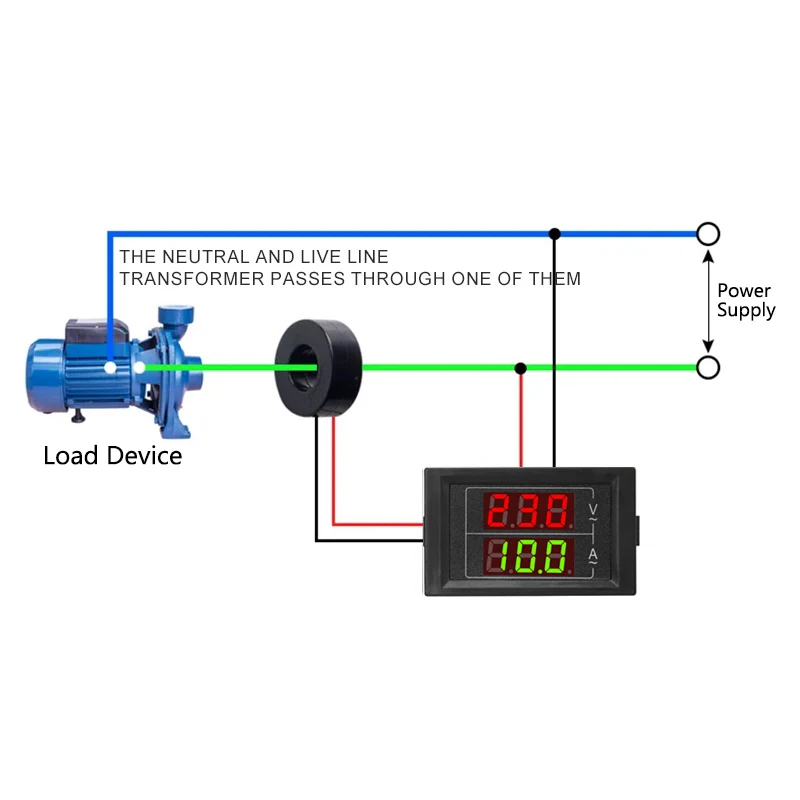 Voltímetro Digital LED AC 60V-500V 99.9A, amperímetro de voltaje de 2 cables, medidor de probador con transformador de corriente, pantalla roja y verde