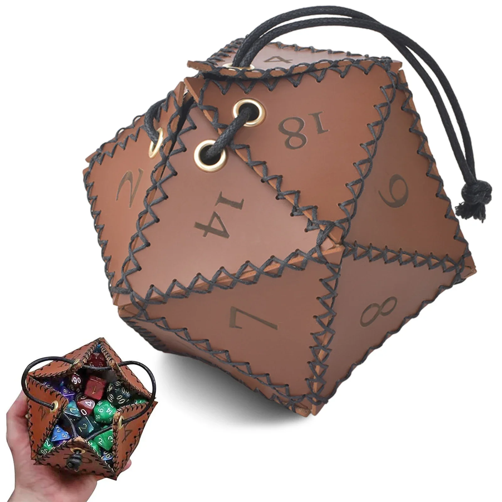 New Practical Bag Dice Bag PU Leather Polyhedral Dice Pouch 12cm / 4.7in 40g / 1.4oz Brown Leather D20