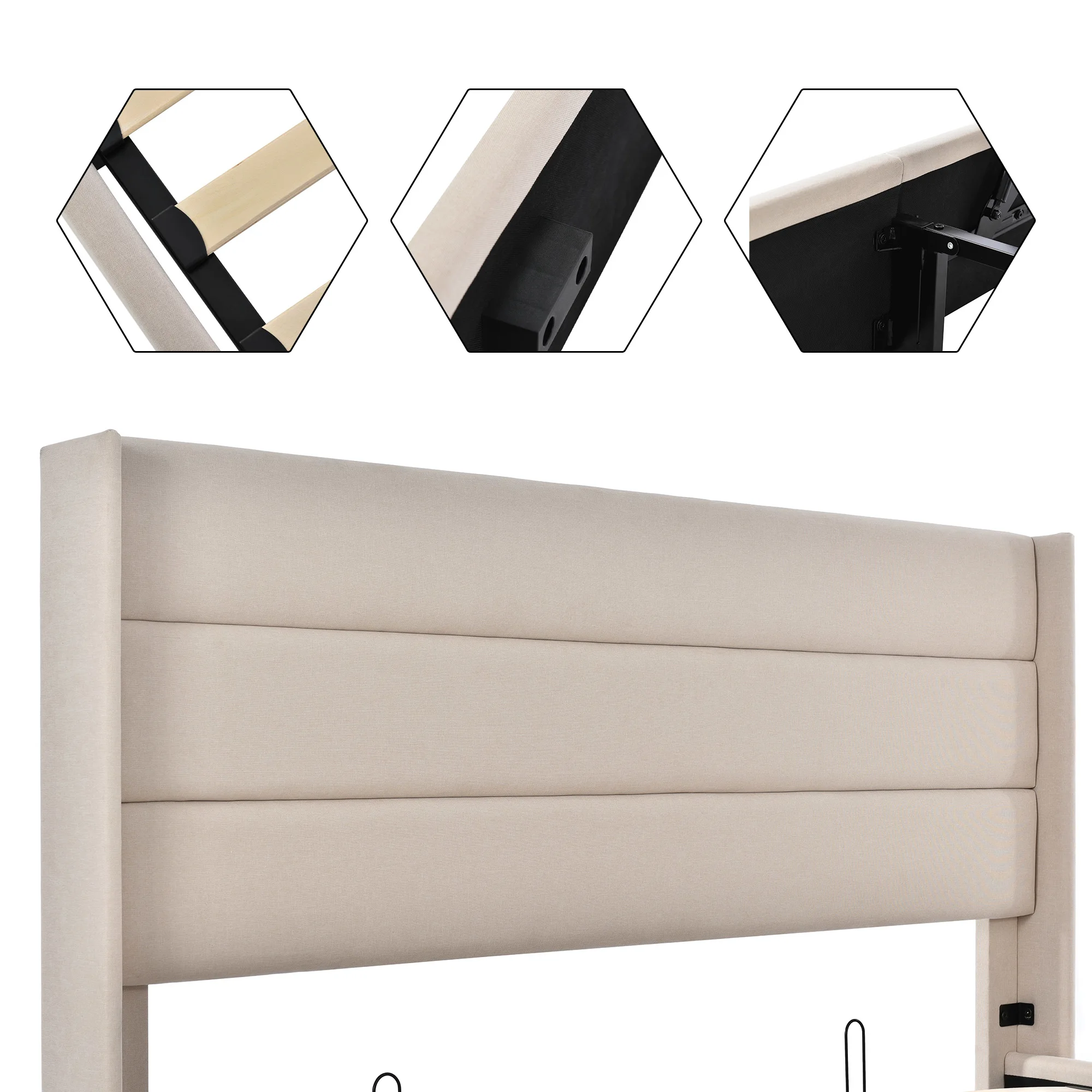 Stauraumbett 180x200cm, gepolstertes hydraulisches Doppelbett mit Holzlattenrost, beige Leinen. – Detail 8