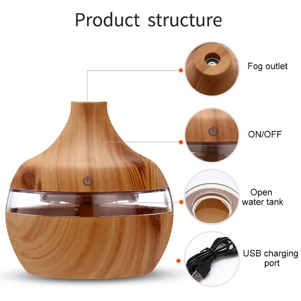 300mL USB Air Humidifier Wood Grain Aroma Essential Oil Diffuser for Home Desktop Mist Maker Small Air Conditioning