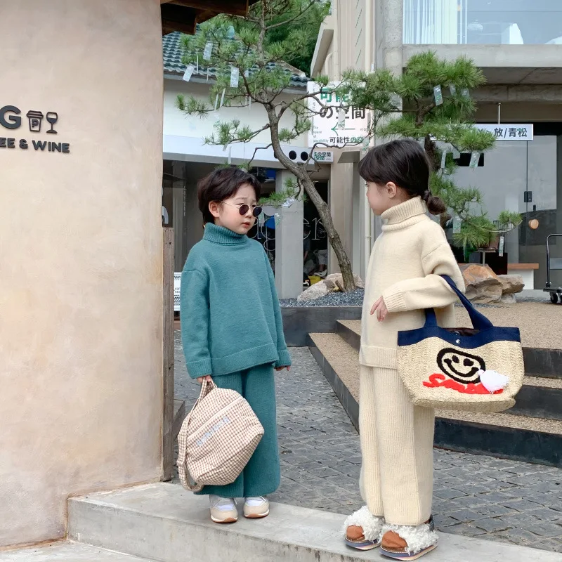 

Children Sets Clothing Autumn Boys Girls Causal Solid Color Sweater Simplicity Strieped 2024 Loose Korean Versatile