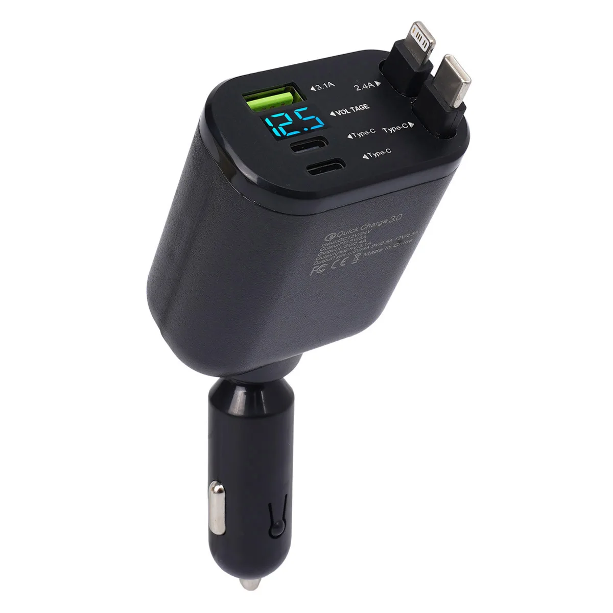 Car Charger USB 3.1A Type C PD Fast Charging Voltage Detection Retractable For Ios And Android Phone