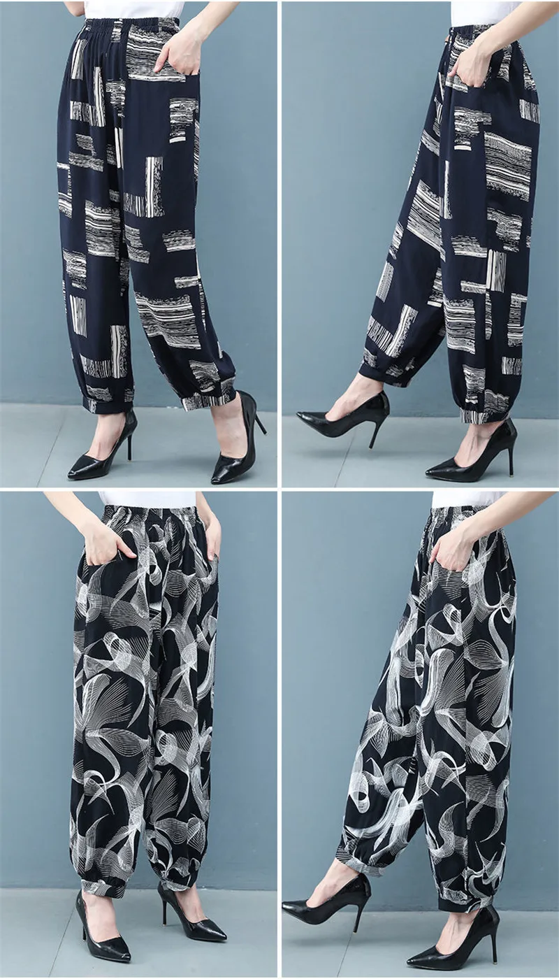Cotton Silk Pants Women New Spring Summer Elastic High Waist Harem Pants Fashion Printed Casual Wide Leg Pants Female Trousers