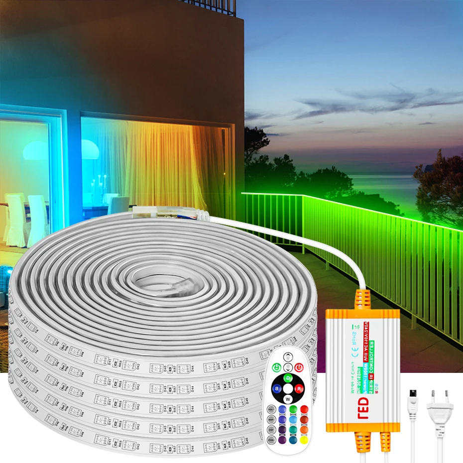 

AC 220V LED Lights Strip Dimmable SMD 5050 Led Tape Remote Control IP67 Waterproof RGB Ribbon For Kitchen Decoration Lighting