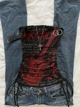Women's casual retro drawstring front cut vest, suitable for Y2K and guitar prints in spring and summer 1