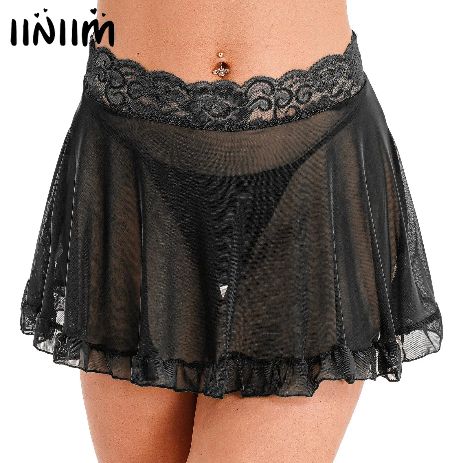 

Womens Lace Waistband See-through Mesh Frilly Skirt Cover Ups Beachwear Solid Color High Waist Miniskirt with G-string