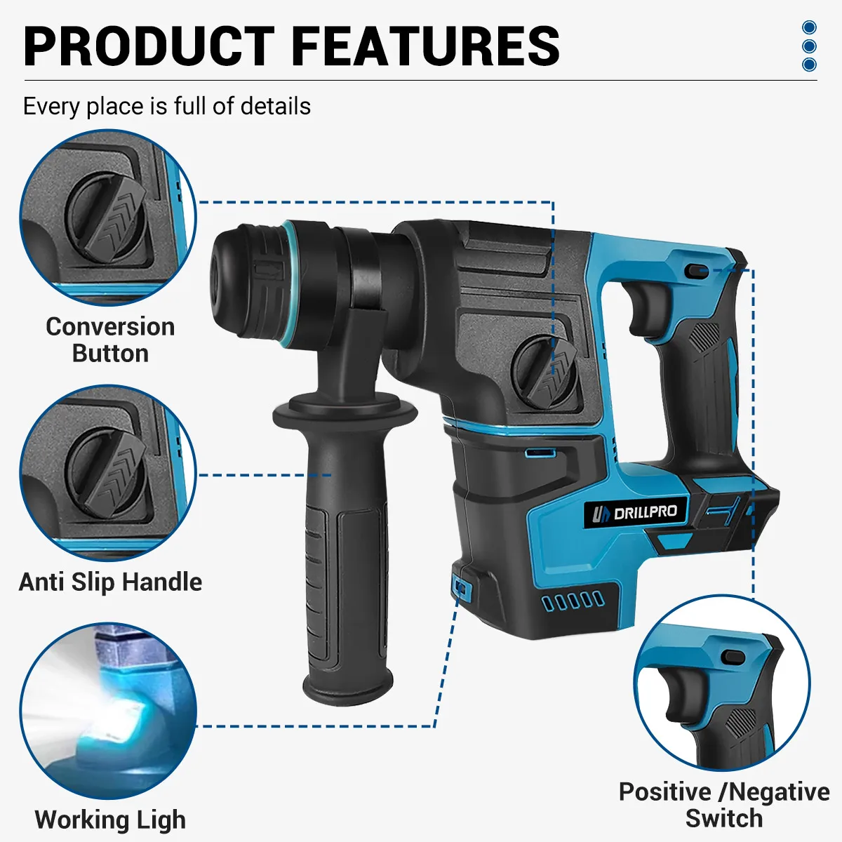 Drillpro 26mm Brushless Cordless Rotary Hammer Impact Drill Handheld Electric Hammer Drill Impact Function for Makita Battery 2