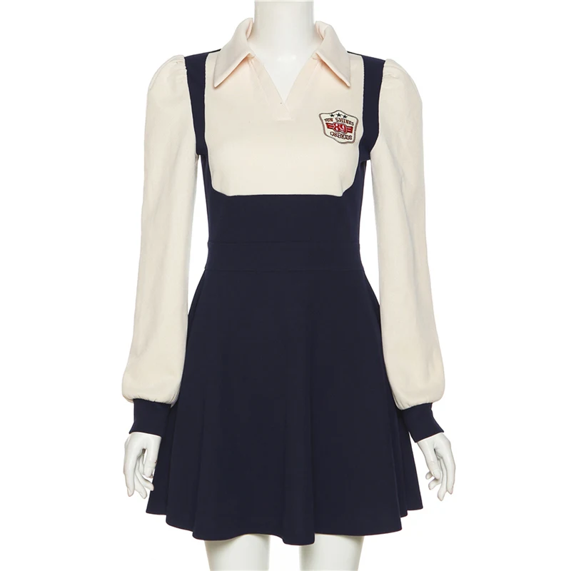 Autumn and Winter New Women Solid Slim High Waist Fashion Contrast Collar Long Sleeve Dress