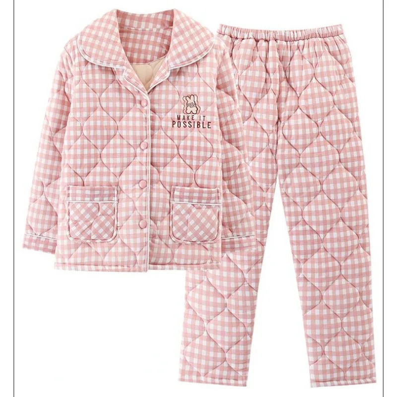 2023 New Women's Winter Thick Loungewear Warm Homewear Three-Layer Jacket  Cotton Pajamas Turn-down Collar Home Wear Set