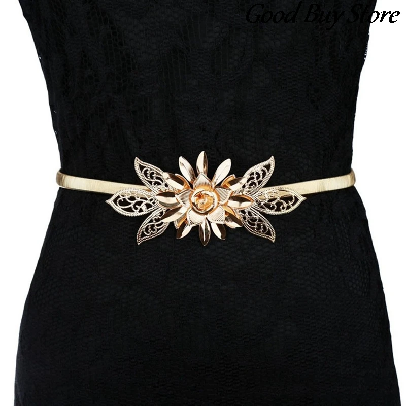 Lady Gold Metal Chain Belt Flower Embellishment Waistbands Women Skirt