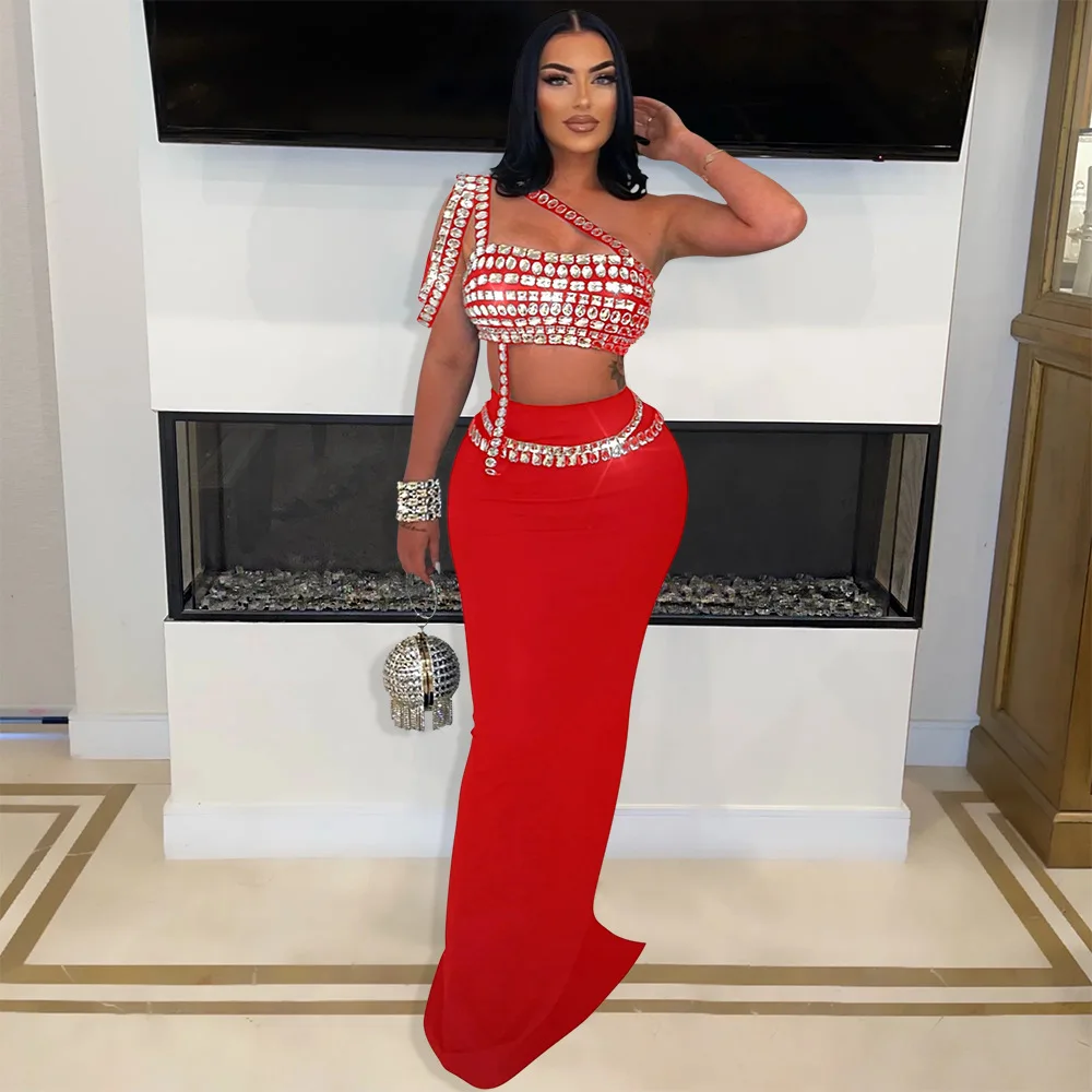 Women Set Diamonds Hot Rhinestones Strapless Top + Long Skirt Suit Dress Sets Two 2 Piece Set Party Club Night Outfits