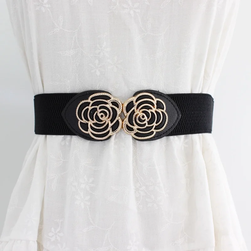 

4cm Wide Double Flower-Shaped Elastic Belt Ladies Decoration Dress Temperament All-Match Waist Seal PU Belt For Women