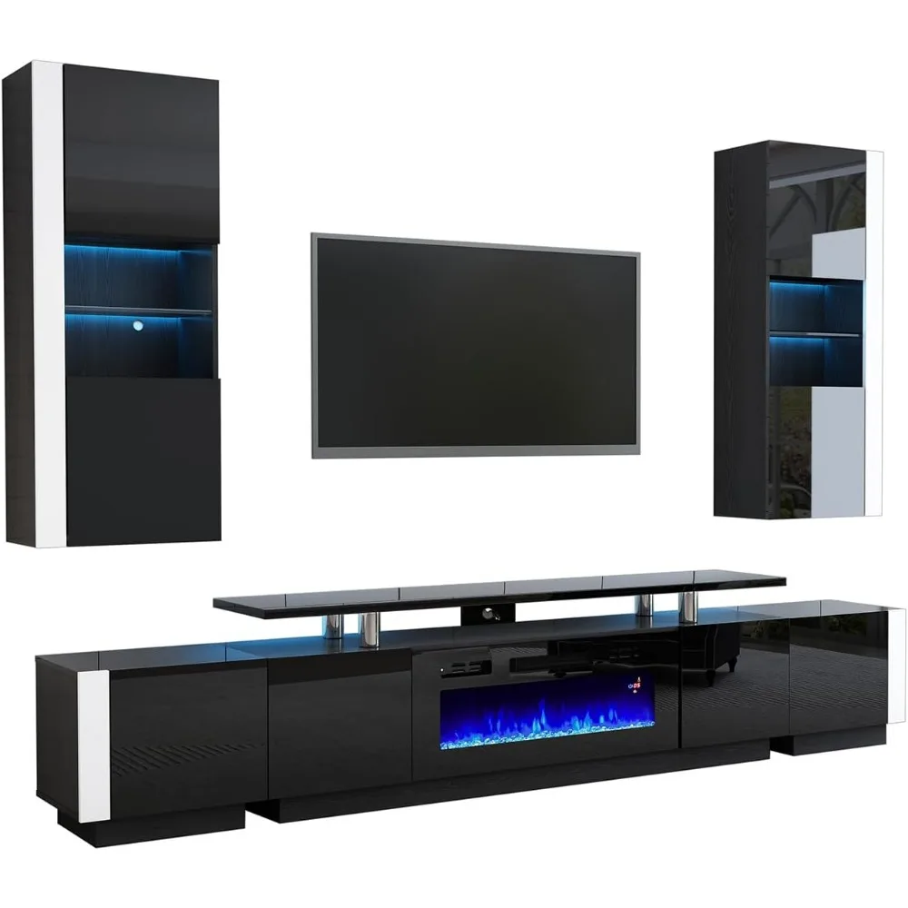 TV Stand with Fireplace and Bookshelves, 2-Tier Fireplace TV Stand, 2 X Wall Cabinets & 2 X End Tables, LED Lights TV Console