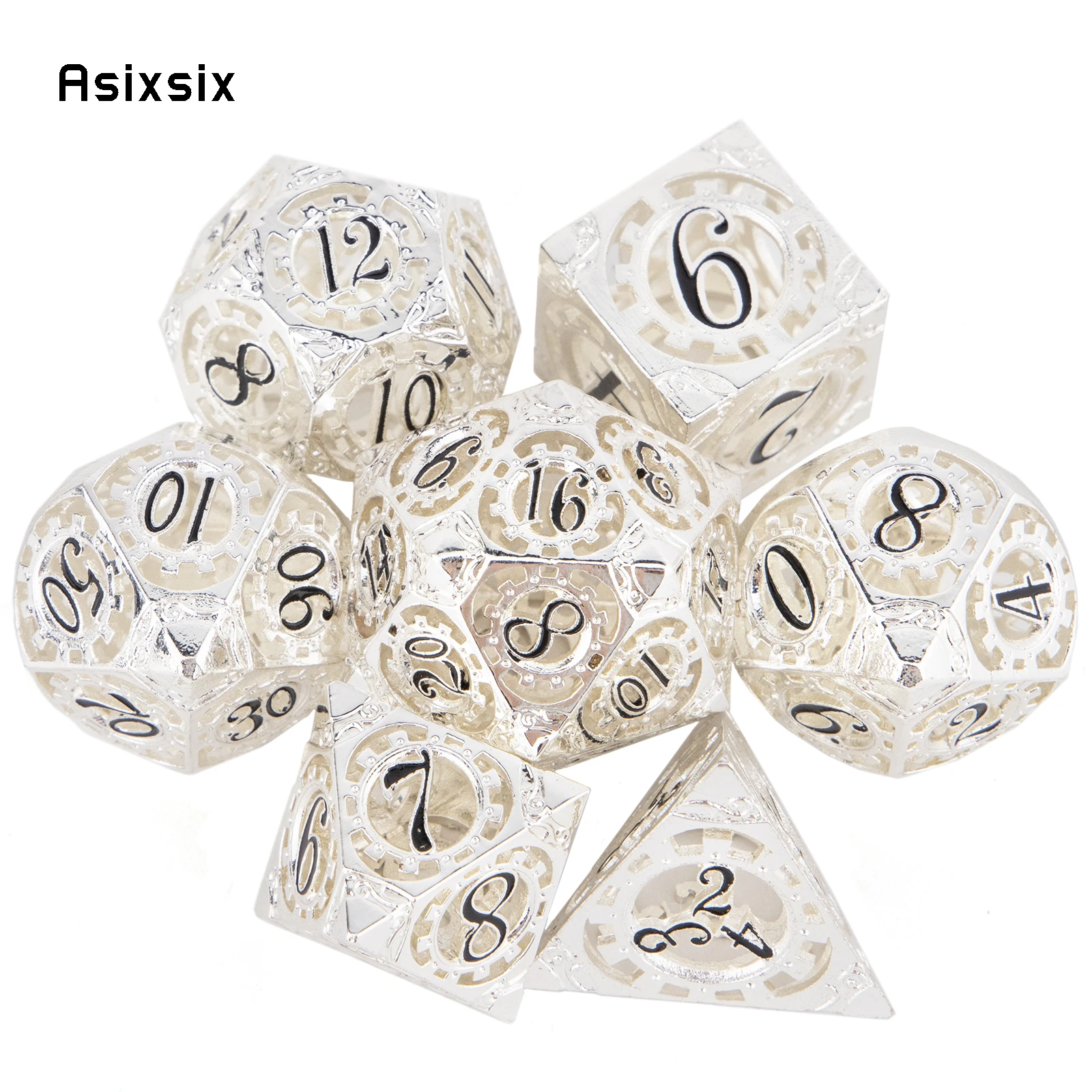 

7 Pcs White Black Gear Wheel Metal Dice Hollow Metal Polyhedral Dice Set Suitable for Role-Playing RPG Board Game Card Game
