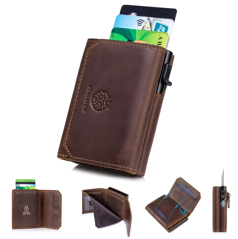 Genuine Leather RFID Blocking Minimalist Smart Wallet with Metal Card Holder