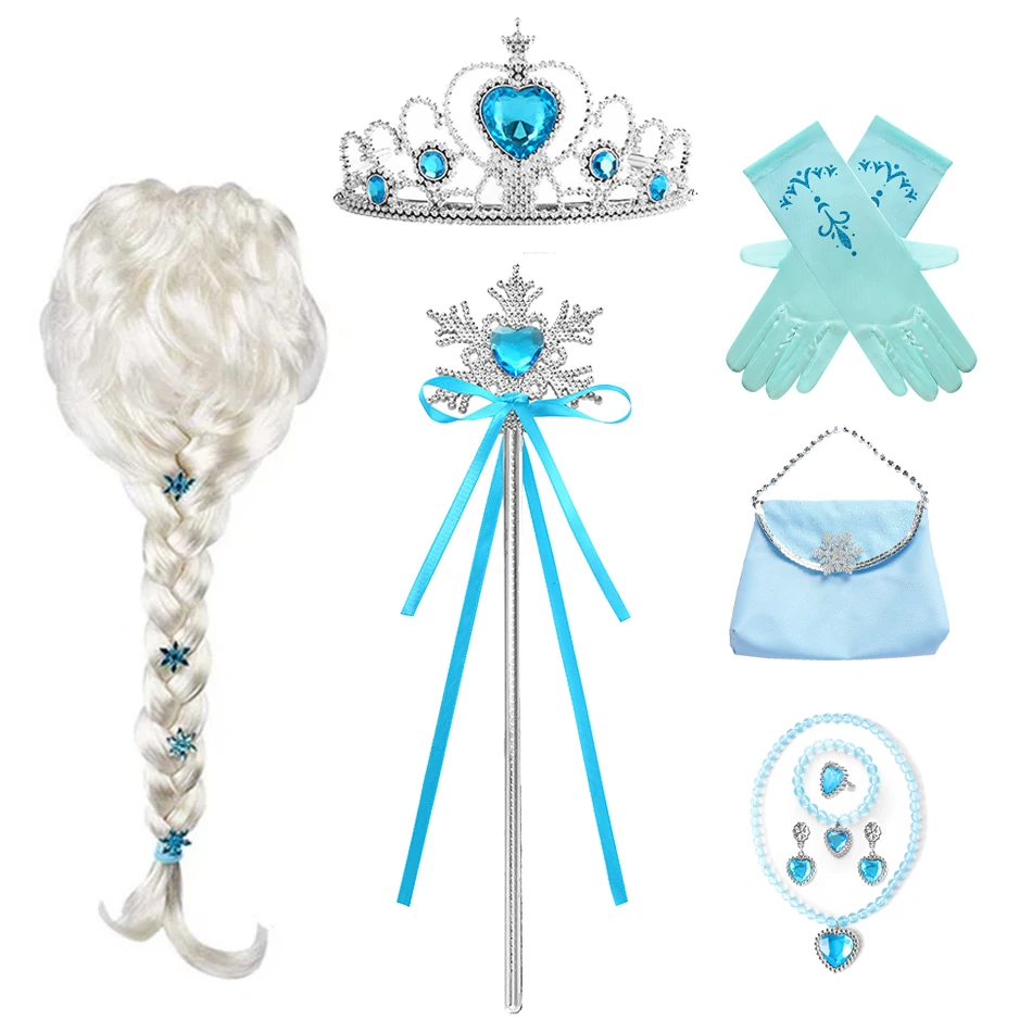 Princess Elsa Cosplay Accessories Gloves Wand Crown Jewelry Set Wig Braid for Snow Queen Princess Dress