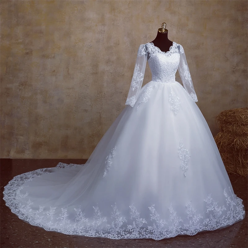 Y&M V Neck Full Sleeve Customized Plus Size Vestido De Noiva 2025 Wedding Dress Long Train or Floor Appliqe Bridal Tulle Mariage