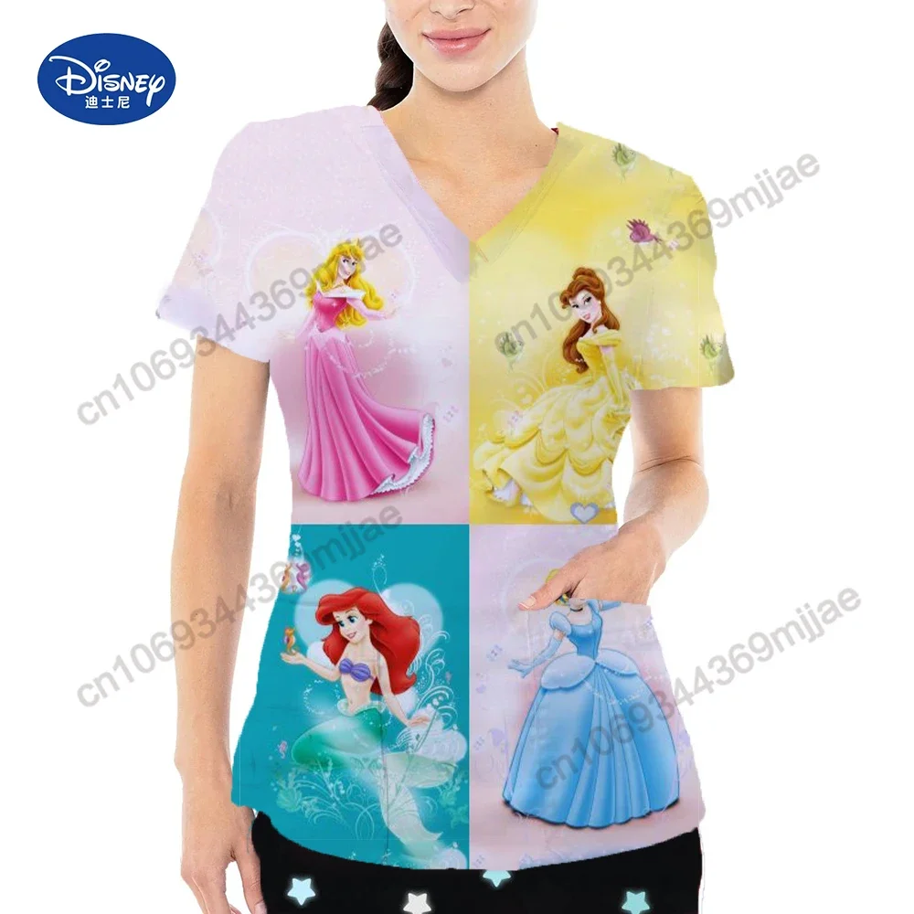 

Женские модные футболки с карманами для женщин, летняя одежда с коротким рукавом, топы с мультяшным рисунком и V-образным вырезом, женские футболки, Бесплатная доставка