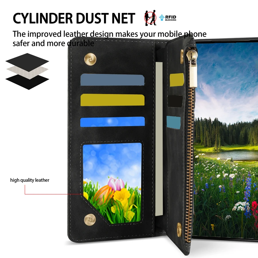 Deluxe Multi-Card Zipper Leather Wallet Case with Kickstand and Magnetic Closure