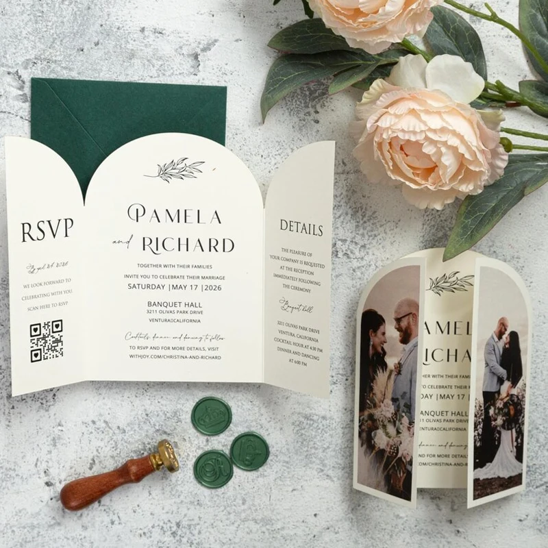 Folding Wedding Invitation With Photos And Timeline, Elegant Gatefold Party Invite Card With QR RSVP