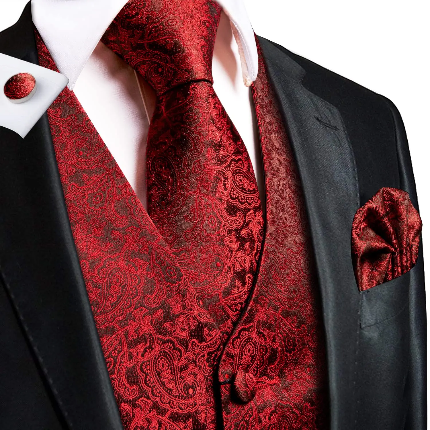 Hi-Tie Elegent Red Silk Mens Vest Hanky Cufflinks Set OverSized Jacquard Floral Social Waistcoat Sleeveless Jacket for Wedding