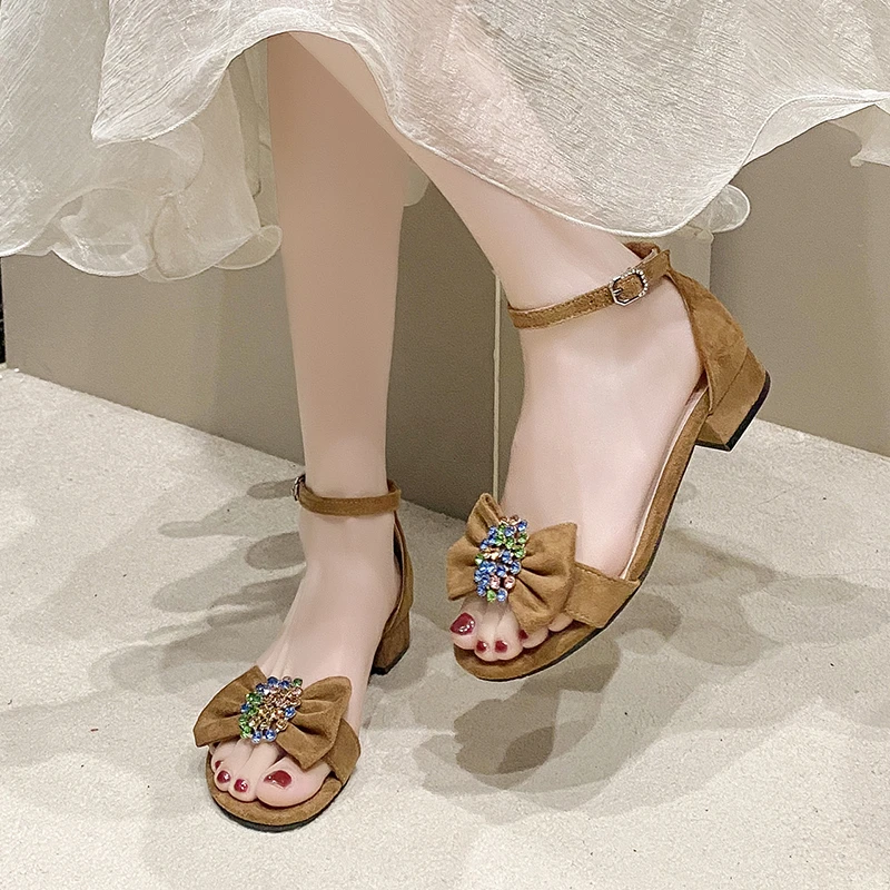 Aphixta 3cm Low Heel Yellow Sandals Luxury Bow Summer Ankle Strap Sandals Open Toe Fashion Women Shoes Plus Size 43
