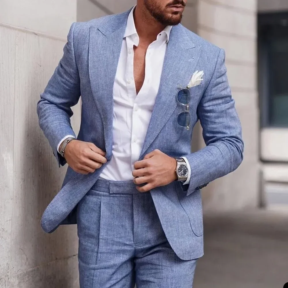 High Quality Linen Suits for Men 2 Piece Chic Peak Lapel Double One Button Male Suit Slim Fit Fashion Casual Wedding Tuxedo 2023