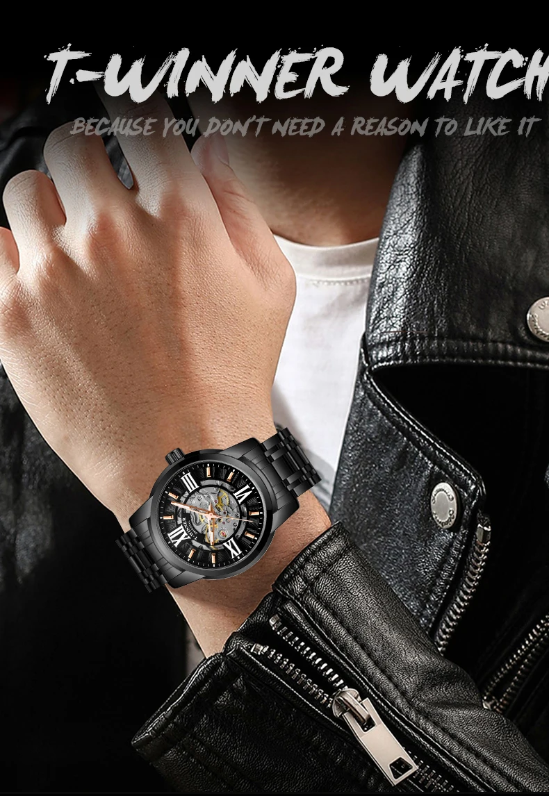 Winner Roman scale Skeleton Mechanical Wristwatch Retro Luminous Hands Luxury Brand Cool Black Watches Stainless Steel Waterproo