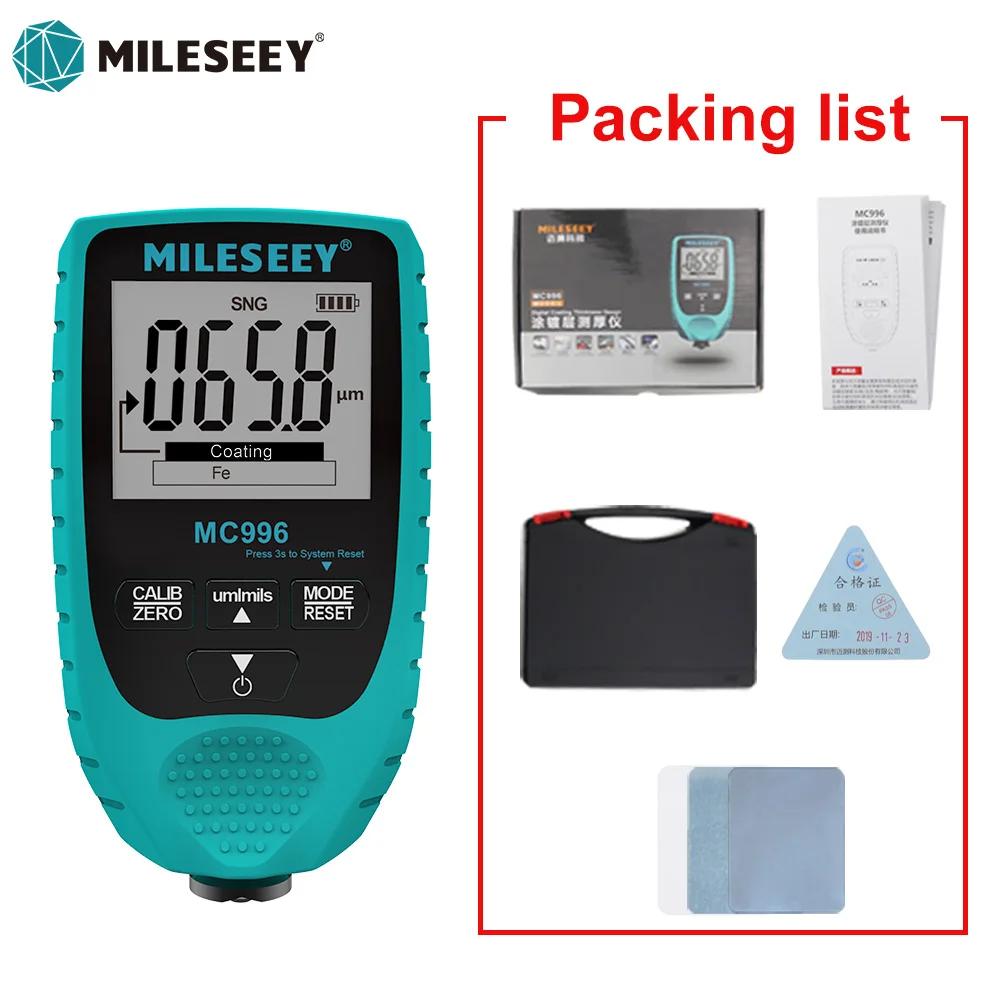 Thickness Gauges Car Paint Film Coating Detector 0-1500um Fe & NFe Probe Kits Mileseey MC996 MC998