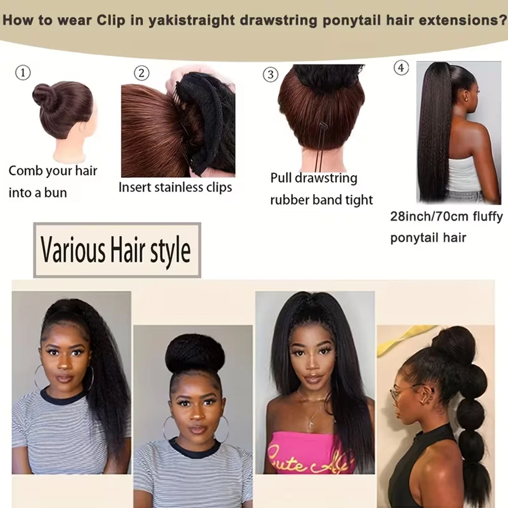 Shesbeauty 26Inch Yaki Straight Drawstring Ponytail Straight Clip-In Hair Extensions Synthetic Full and Thick Ponytail for Women