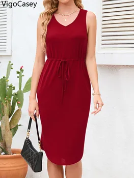 VigoCasey 2025 Sexy Female Solid V Neck Evening Dress Women Sleeveless Shirring Short Dress Summer Lady Tight Casual Dresses
