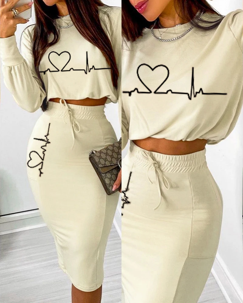 Spring Autumn Women Heart Print Crop Top & Drawstring Skirt Set Two Piece Tracksuits Fashion Office Outfits Party Wear Suits New plus size jogger set