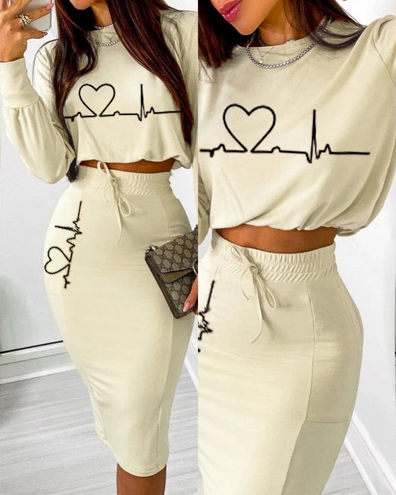 Spring Autumn Women Heart Print Crop Top & Drawstring Skirt Set Two Piece Tracksuits Fashion Office Outfits Party Wear Suits New plus size jogger set Women's Sets