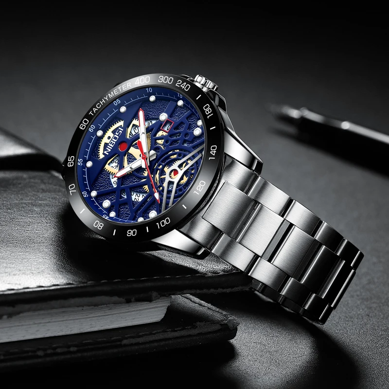 NIBOSI Sports Men Quartz Watch Stainless Steel Waterproof Luminous Calendar Mens Watches Top Brand Luxury Fashion Wristwatches