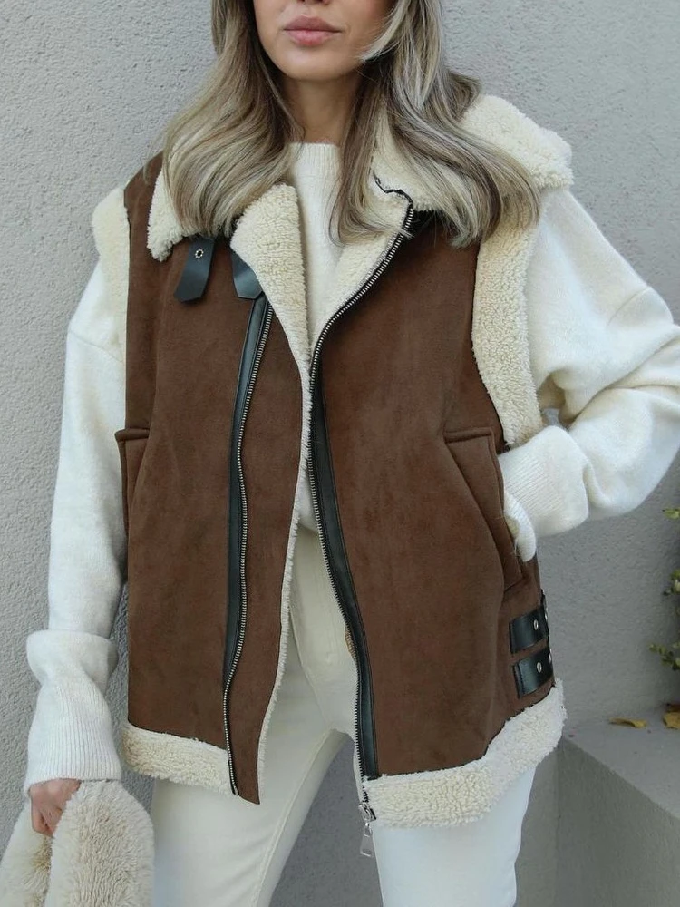 

TARUXY Women Fashion Splice Sleeveless Vest Zipper Slim Lapel Jacket Coat 2023 Autumn Tops Commuter Outwear Street Woman Clothes