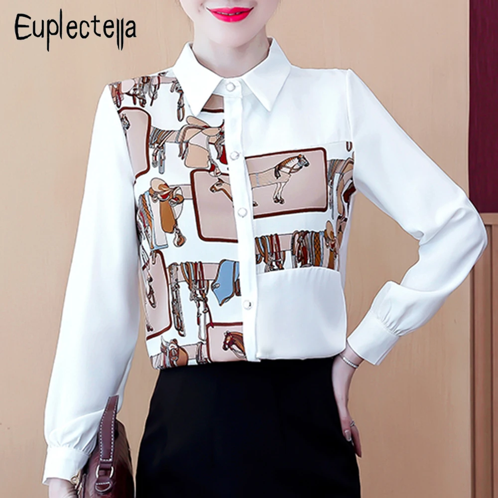 

Euplectella 2022 Women All-Match Stylish Print Shirts Long Sleeve Chiffon Blouse Turn-down Collar Spring Basic Tops Feminina