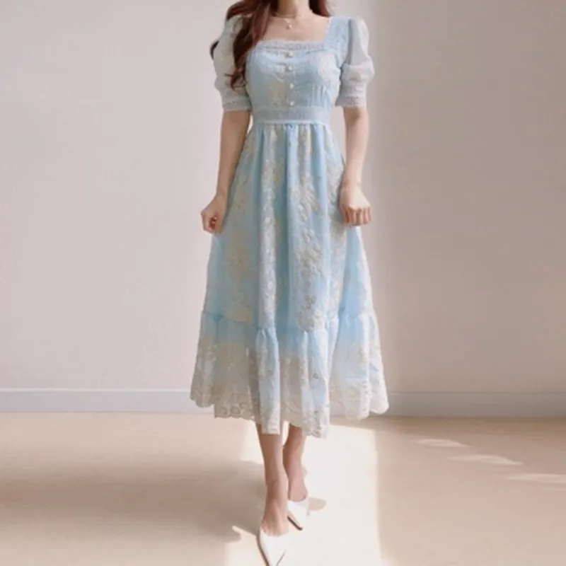 

Женское платье с квадратным вырезом, длинное платье в Корейском стиле с цветочной вышивкой и сетчатыми пуговицами, милое платье с высокой талией, Новинка лета 2022