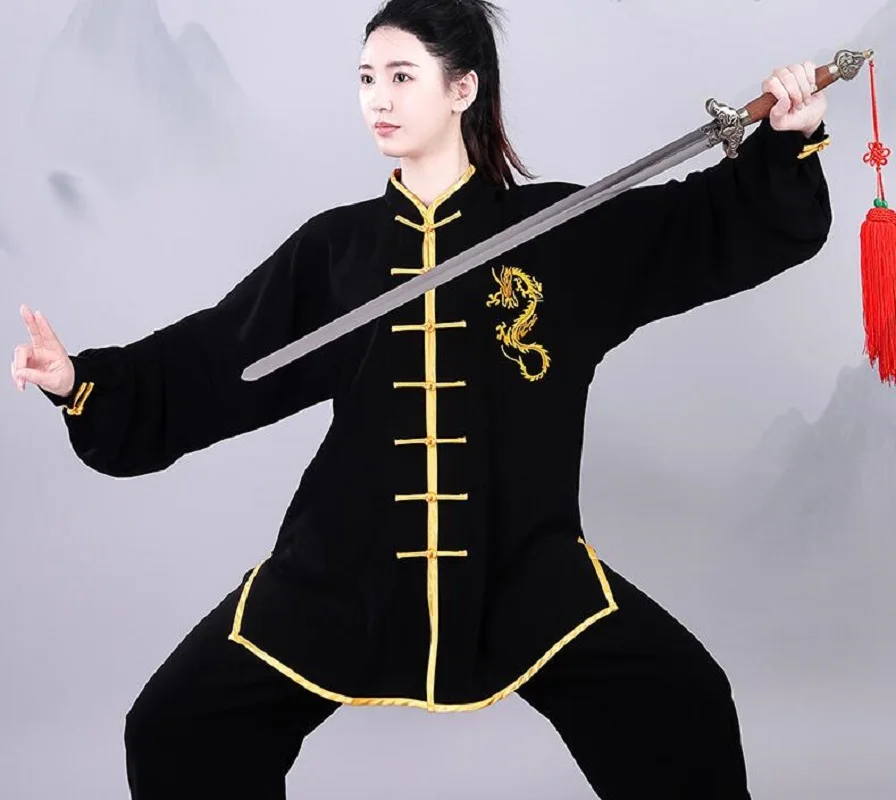 New Chinese Men Women Kung Fu Suits Embroidered Golden Dragon Long Sleeve Tai Chi Martial Art Uniform Clothing Set