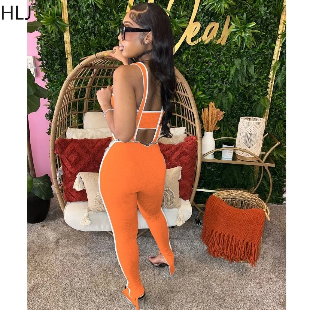 HLJ Spring New Strap Skinny Pants Two Piece Sets Women Off Shoulder Backless Tube And Pants Outfits Female 2pcs Streetwear 2024