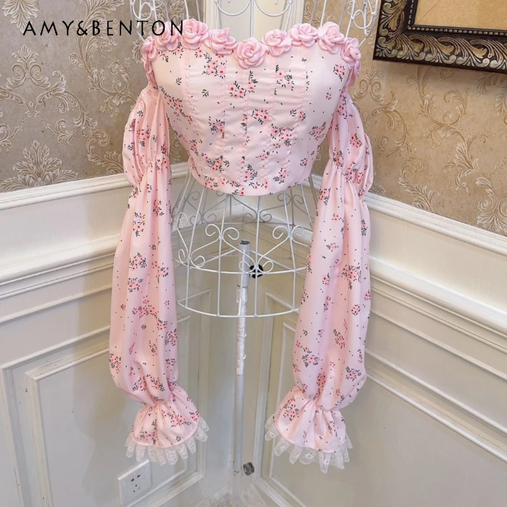 

Women's Blouse Fantasy Princess Three-Dimensional Flower Floral Lace Flared Sleeves Slim Show Umbilical Short Top Mujer Pullover