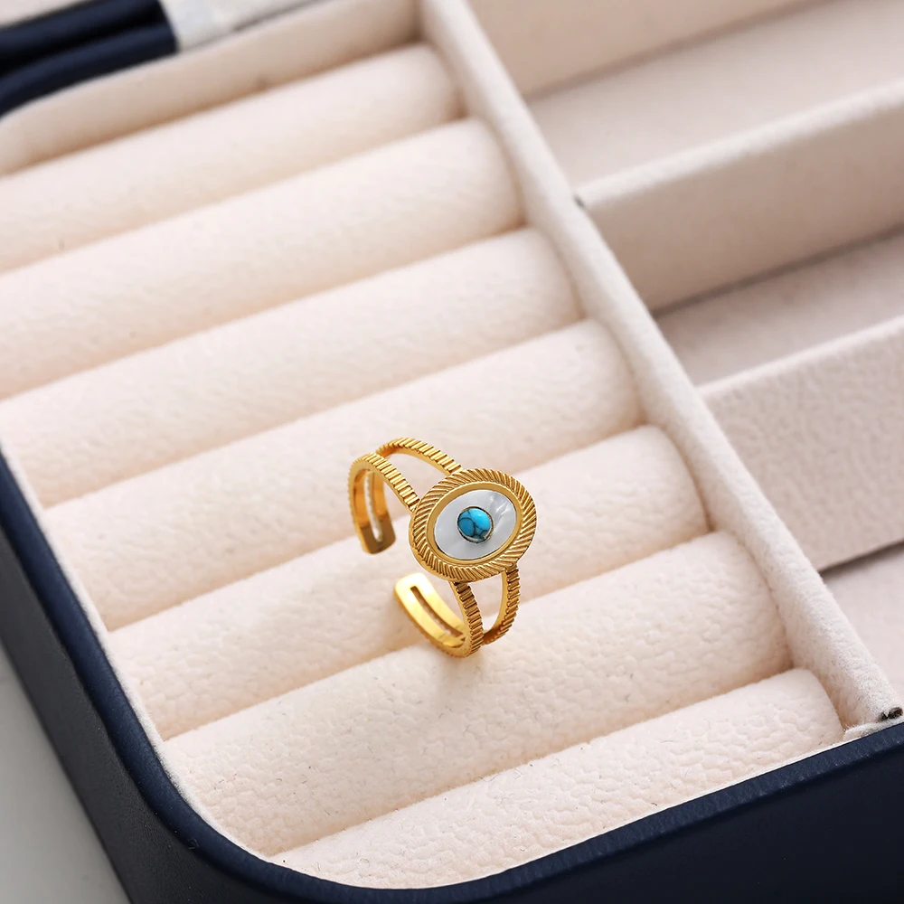 Retro Manual Natural Blue Turquoise Stone Rings for Women Girls 18K Gold Plated Rhinestone Evil Eye Luxury Designer Jewelry Gift