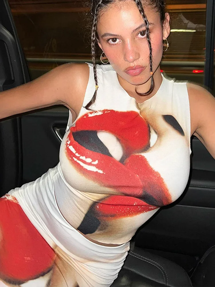 Fashion Slim Skirt Red Lip Print Skirt Sets Y2k Sleeveless Casual Long Two Piece Sets Womens Outifits Conjuntos De Saia Coreano