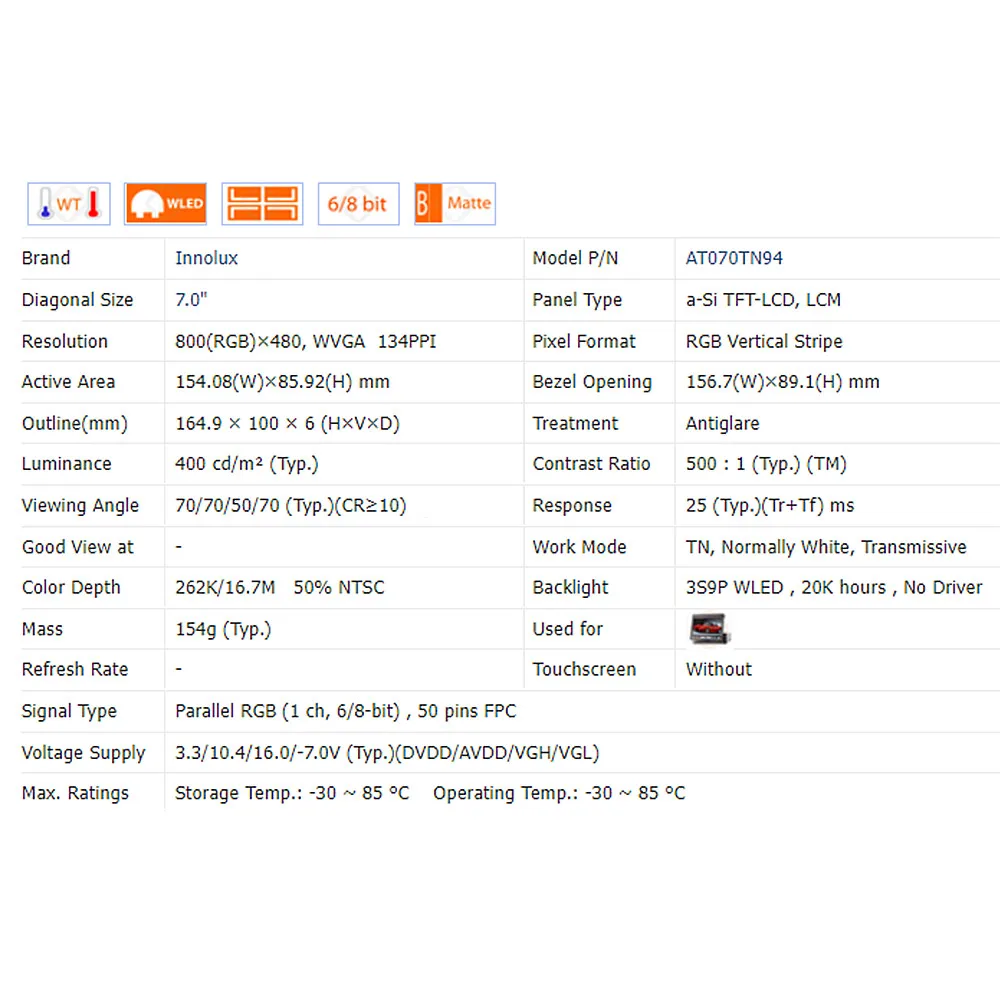 17,8 Cm AT070TN94 LCD Display Für Weilun TK6070IH/TK6070IP/TK6070IK - 7 Zoll TFT Ersatzscreen