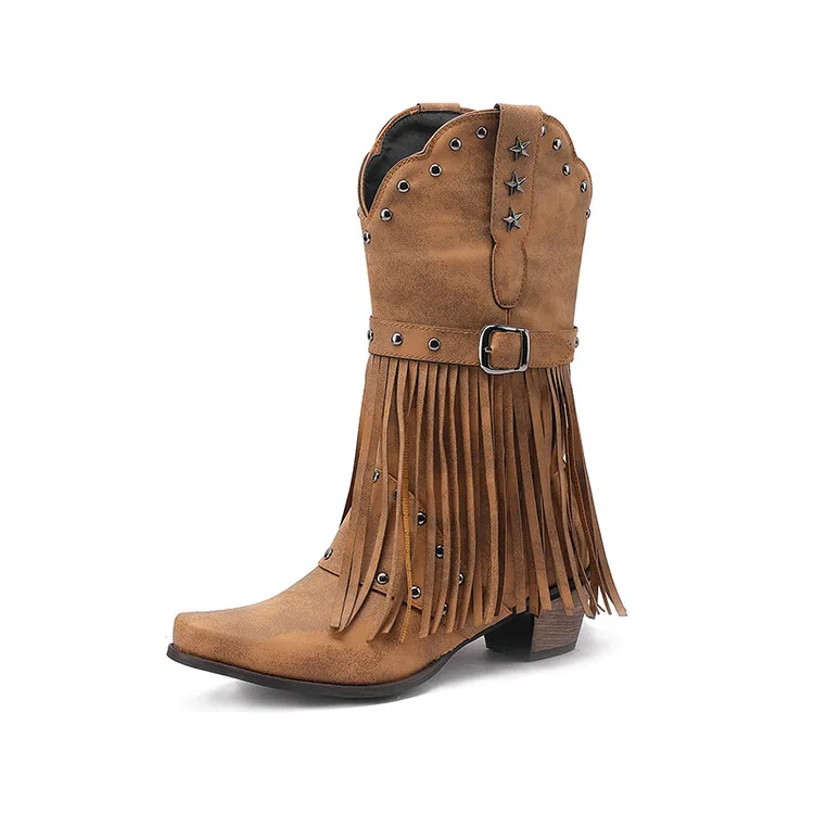 

Retro Rivet Metal Belt Buckle Western Cowboy Boots Pointed Thick Heel Height Tassel Knight Boots Large Size Women's Boots 34&43