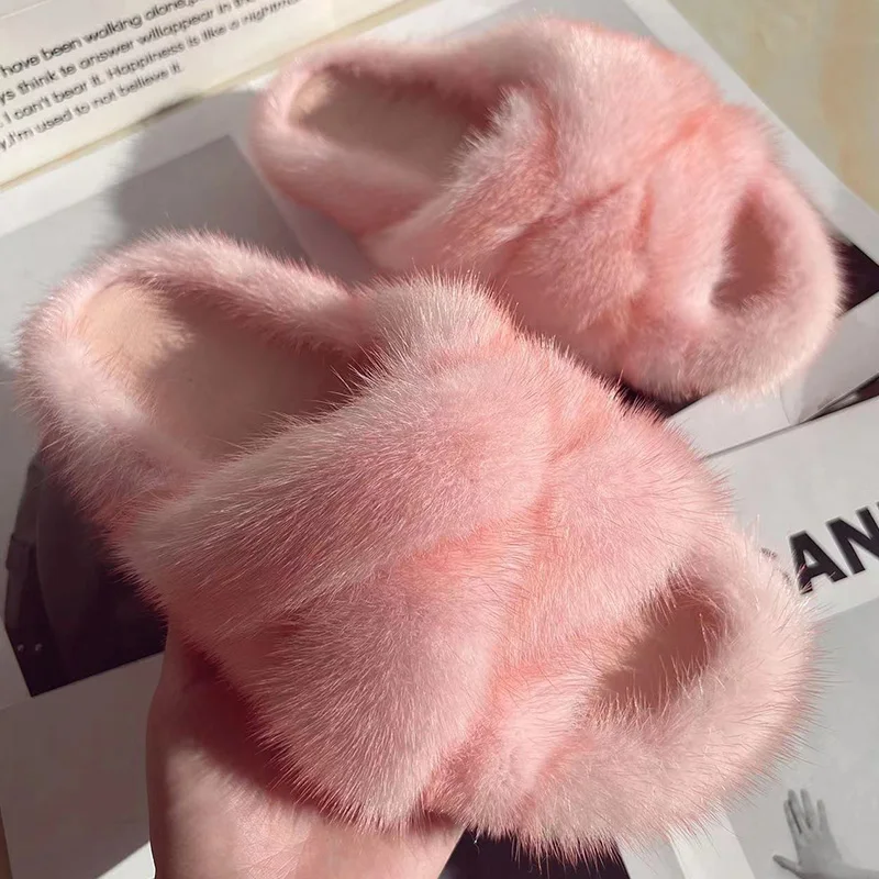 

New Fashion Shoeses 2024 Summer Slipper For Women Real Mink Fur Slppers 5CM High Phantom Color Flat Bottom For Ladies Shoes