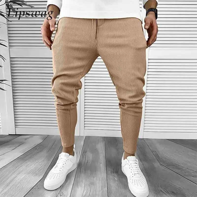 

2024 Spring New Fashion Men's Pencil Pants Slim Fit Drawstring Lace-up Corduroy Trousers For Men Vintage Pure Color Ribbed Pants